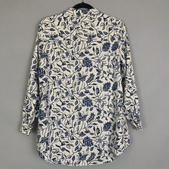 Rachel Zoe 100% Linen Blue White Floral Button Down Shirt Blouse Top Medium - Picture 2 of 7